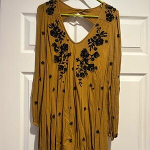 Free People Mustard Dress with Black Floral Embroidery